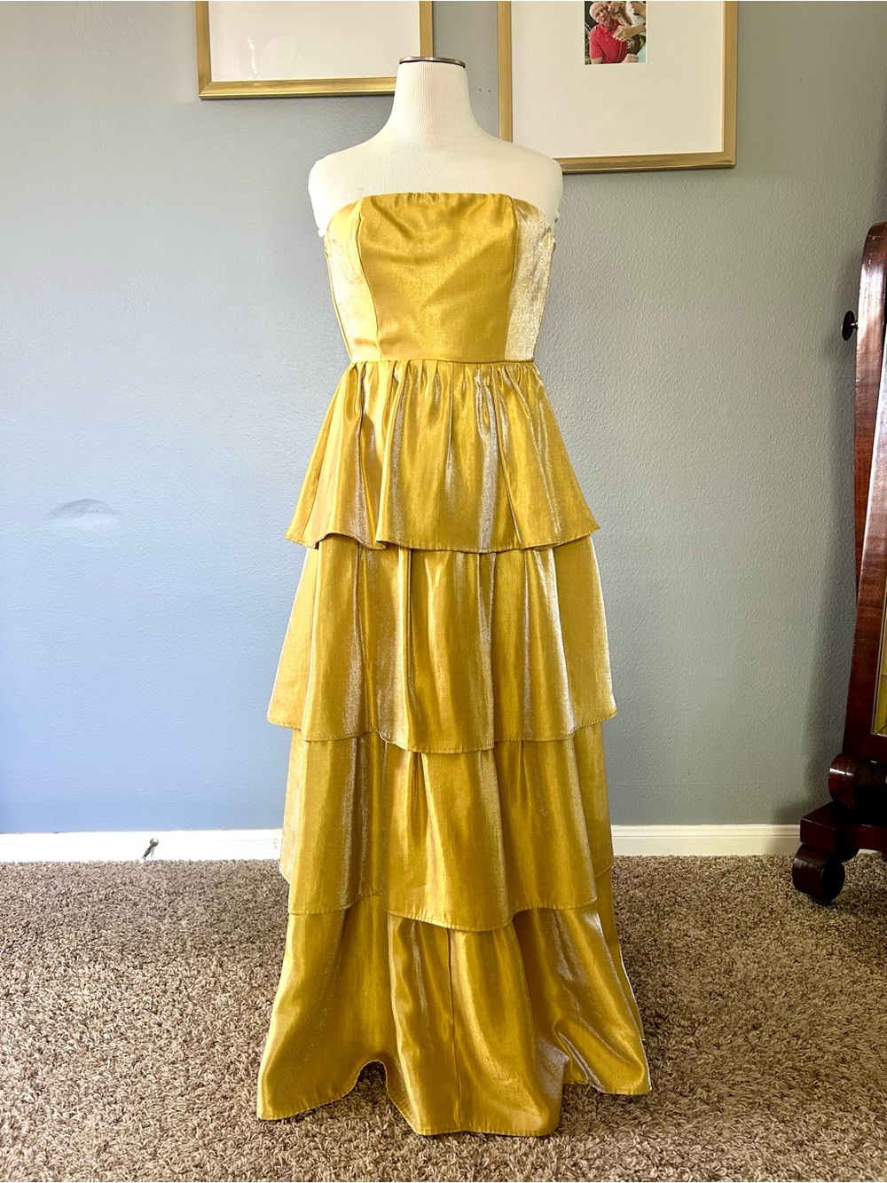 Strapless Gold Tiered Evening Dress